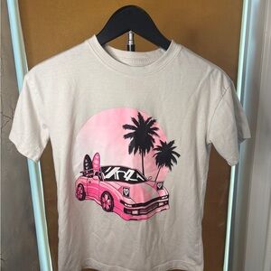 Girls Medium Pink Sunset Surf Car Graphic Tee | Palm Tree Beach Shirt